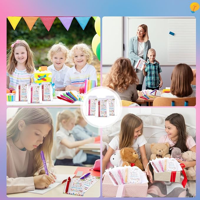 Marspark 30 Set Welcome Back to School Gifts Bulk Ballpoint Pens and Greeting Cards Set with Bags Twist Ties Bright First Day of School Gifts for Teacher Student Classroom Party Favors Supplies