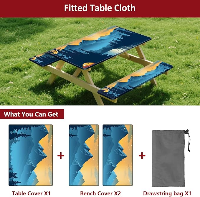 Picnic Table Cover with Bench Covers 6FT 3PCS, Camping Essentials Waterproof Windproof Tablecloth with Drawstring Bag, Fitted Rectangle Tables and Seats, 72", Lakeside Ember