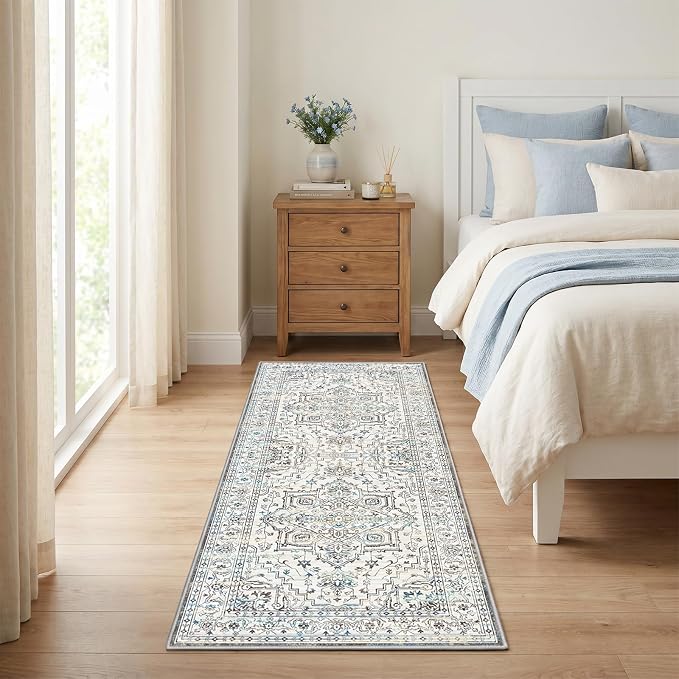 Vintage Washable 2x6 Runner Rug, Non-Slip Low-Pile Elegant Persian Rug for Kitchen Hallway Bathroom Bedroom Beside Laundry Room RV Interior, Stain Resistant Traditional Indoor Rug, Neutral Cream Blue