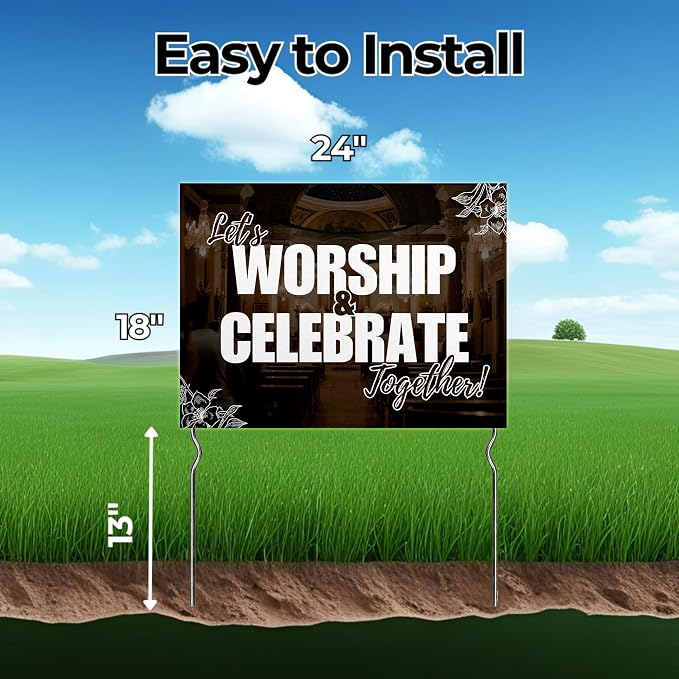 Let’s Worship & Celebrate Together! Yard Sign by DC | 24"x18" Double Sided Church Garden Sign with 13” Metal Stakes | Outdoor Signs Waterproof for Lawn, Patio, Sidewalk & House | Set of 4