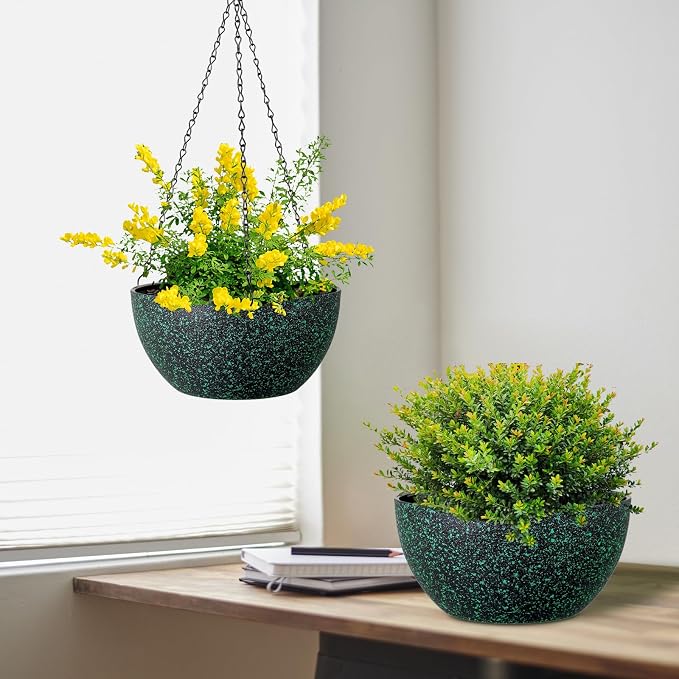 Meowell 8 inch Small Hanging Planters for Indoor Outdoor Plants, 2 Pack Hanging Flower Pots with Drainage Holes and Chain, Plastic Hanging Baskets for House Plants, Black with Green Speckles