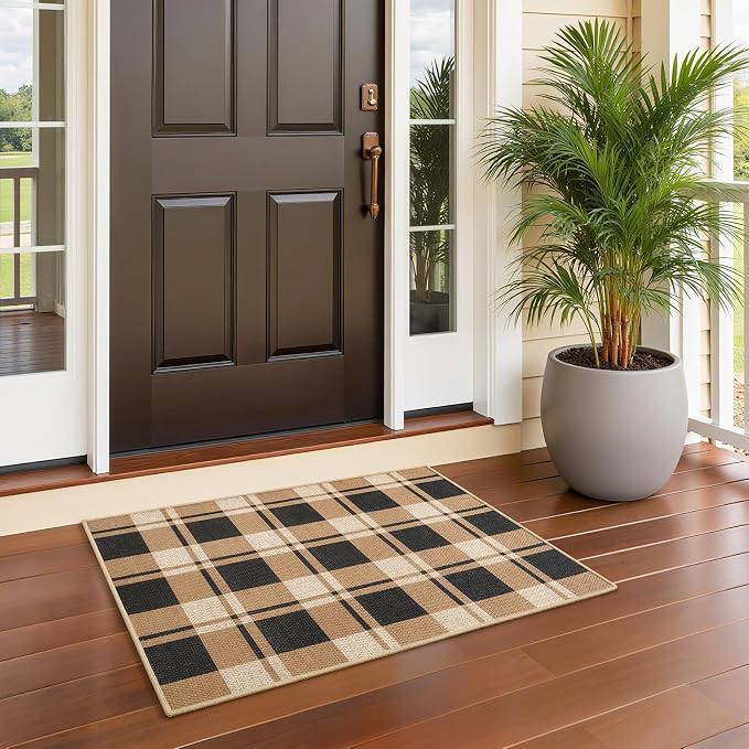 2x3 Checkered Jute Mat, Washable Non-Slip Farmhouse Rug, Black/Brown | Non-Slip Rubber Backing, Machine Washable, Low-Pile Jute, Farmhouse Geometric Design, Durable For Daily Use.