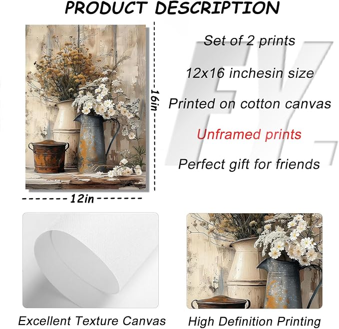 Rustic Farmhouse Daisy Canvas Wall Art Vintage Country Floral Posters Print Flower Still Life Botanical Pictures Painting White Jasmine Flowers And Rust Color Watering Can Wall Decor Unramed