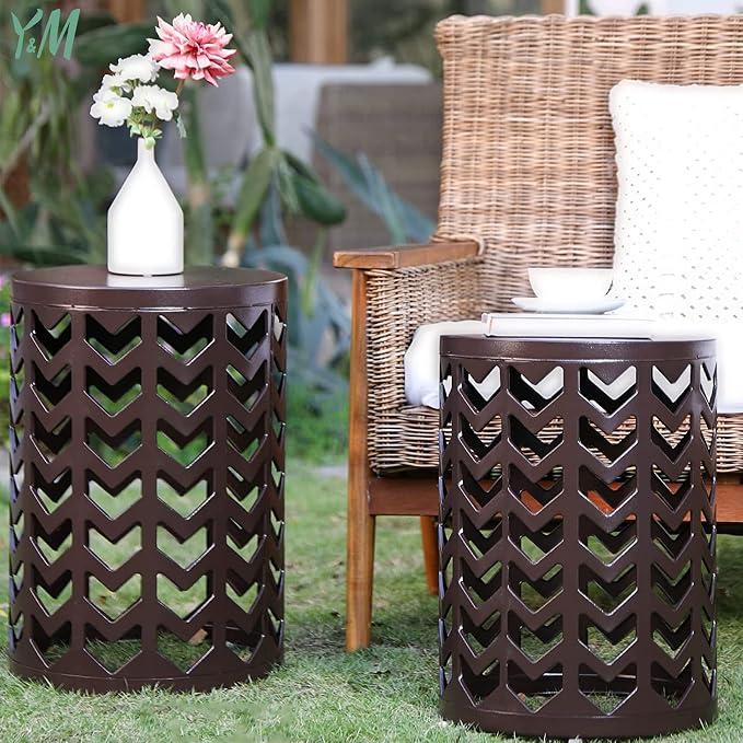 Y&M Outdoor Side Tables Set of 3, Round Heavy Duty Metal Nesting End Tables, Stacking Patio Accent Tables for Outside, Balcony, Garden, Porch, Indoor & Outdoor, Brown