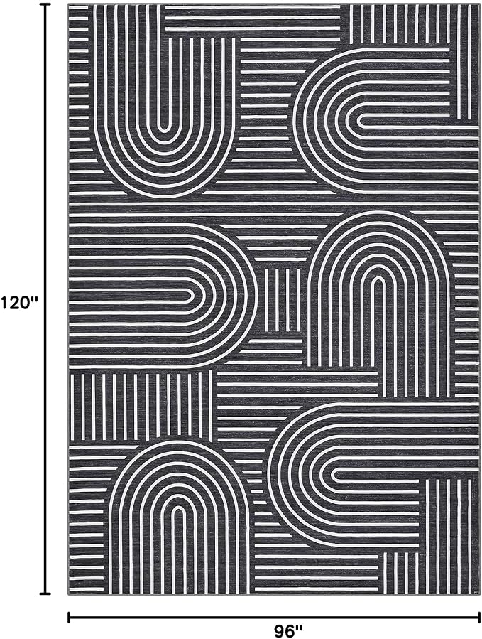 ROYHOME Modern Washable Rug 8x10 Area Rugs for Living Room Non Slip, Black | Abstract Rug for Bedroom, Rainbow Throw Rugs with Rubber Back, Low Pile Stain Resistant Boho Geometric Carpet for Dining Room