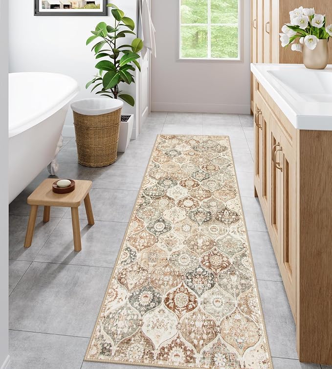 Lahome Moroccan Hallway Rug, 2'5''x8' Kitchen Runner Rugs Non Skid Washable | Runners for Hallways Ultra-Thin Oriental Carpet for Entryway Laundry Room Bedroom Bathroom Elise, Khaki