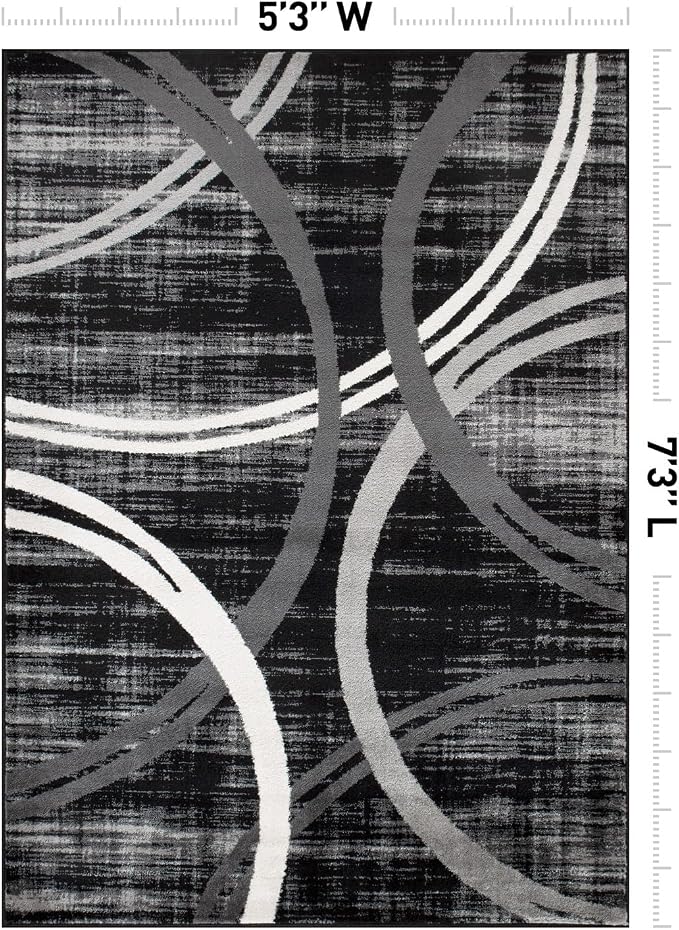 Rugshop Wavy Circles Modern Jute Backing Area Rug Black 5'3" x 7'3" | High Traffic,Fade Resistant, Living Room, Bedroom, Dining Room, Home Office, Kitchen, Entryway, Hallway, Nursery,Basement