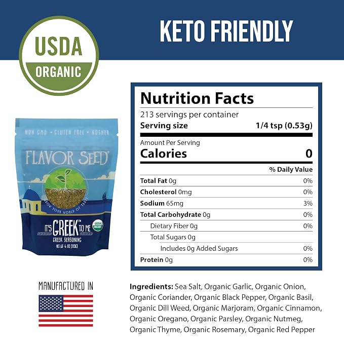 Organic Greek Seasoning Blend - It's Greek To Me by Flavor Seed, Mediterranean Herbs & Spices for Gyro, Tzatziki & Kebab, Carnivore & Keto Friendly, 4 oz Resealable Bag
