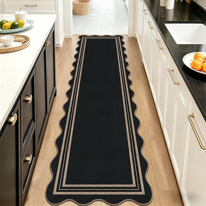 Scalloped Easy Jute Kitchen Runner Rug, 2.6x10 Non Slip Entryway Runner Washable Outdoor Indoor Long Rug, Farmhouse Morden Carpet for Hallway Bedroom Laundry