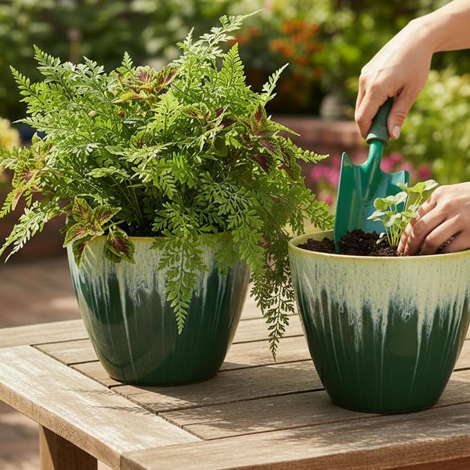 Pack of 2 Flower Pots, Plastic Plant Pots with Drainage Holes, 8 inch Modern Glossy Finishing Planter for Indoor Outdoor Plants (Green Glaze, 2 Pack)