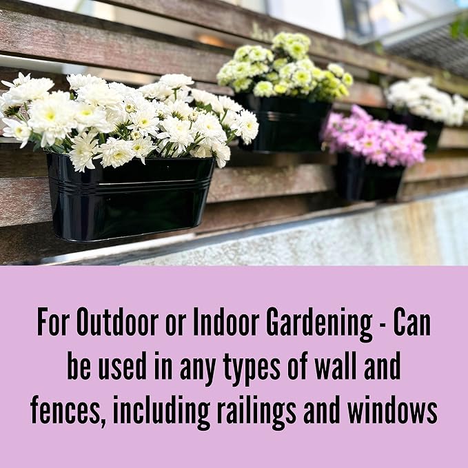 LaLaGreen Outdoor Plants Rail Planter (11.2 Inch, 15 Pack) Black Metal Iron Hanging Flower Pots Deck Railings Fence Buckets Modern Boho Style Wall Mount Window Box Plant Holder Hooks Porch Home Decor