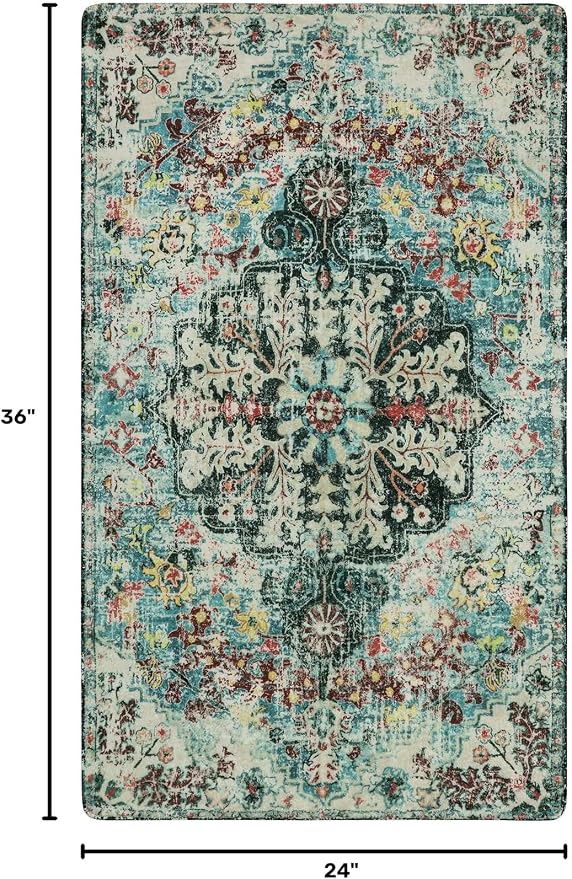 Lahome Boho Bohemian Area Rug - 2x3 Small Washable Bathroom Entryway Kitchen Rug,Floral Medallion Non Slip Pet Friendly Vintage Throw Carpet for Indoor Front Door Sink Living Room Bedroom,Teal