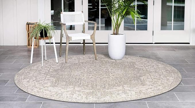 Unique Loom Outdoor Collection Area Rug - Dubai (6' 7" Round, Gray/ Ivory)