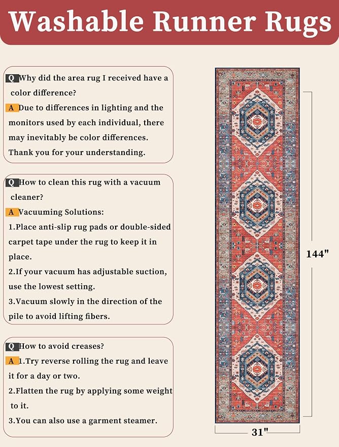SERISSA 2'6"x12' Washable Non Slip Boho Runner Rug for Hallway，Rust | Ultra Soft Vintage Oriental Carpet Low-Pile Extra Long Tribal Floor Carpet for Kitchen Bedroom Entryway Bathroom Laundry Room