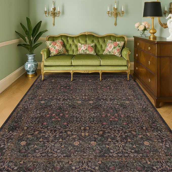 Dark Brown Washable 5x7 Area Rugs for Living Room, Entryway, Non-Slip Soft Rugs for Bedroom, Dining Room, Home Office, Black Brown Floral Vintage Cottage Indoor Carpet Décor, Low Pile Stain Resistant