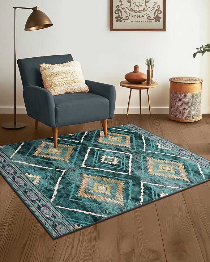 2'x3' Washable Samll Rug for Living Room Teal/Green | Soft Western No Slip Low Pile Print Foldable Indoor Small Rug for Kitchen entrance entryway doormat