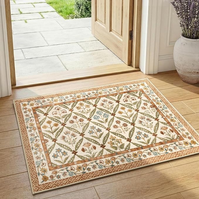 jinchan 2x3 Vintage Floral Washable Accent Entryway Area Rug, Terracotta | Soft & Lightweight, Floral Checkered, Low Pile, Non Slip, Entrance, Kitchen, Bedroom, Laundry Room, Samll, Doormat
