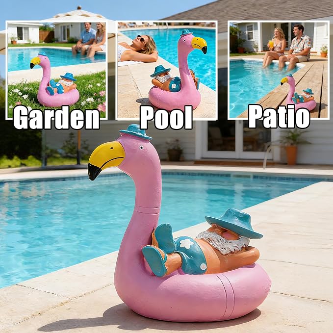 Teaeeno Garden Gnome on Flamingo - Funny Gnome Figurine - Cute Gnome Lawn Statue - for Outdoor or House Decor