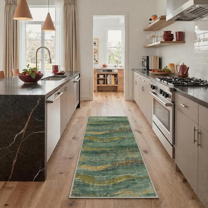 BEIMO 2x5 Non Slip Runner Rugs for Hallway, Wave Abstract Teal Gold | Soft Machine Washable Modern Runners,Streaks Pattern Indoor Marble Carpet for Kitchen Laundry Room Bedroom Bathroom