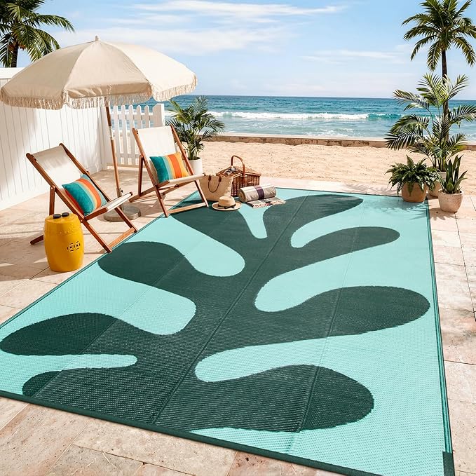 Lahome Coastal Coral 9x12 Outdoor Picnic Pool Rug, Plastic Green Outdoor Rug for Beach Camper, Lightweight Portable Waterproof Outside Camping Carpets for Patio, Green 9'x12'