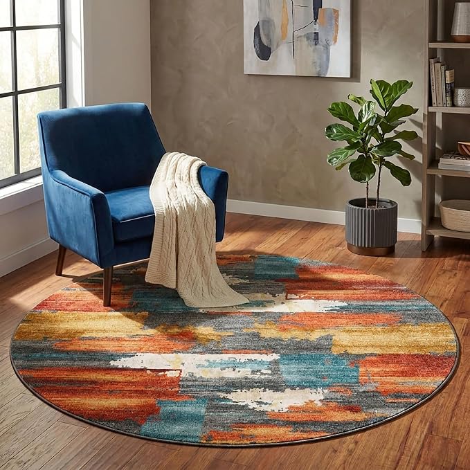 4Ft Burnt Orange and Teal Abstract Brushstroke Area Rug | Soft Low-Pile Machine-Washable Rug with Non-Slip Backing for Dining Rooms, Entryways and Reading Areas for Easy Everyday Care