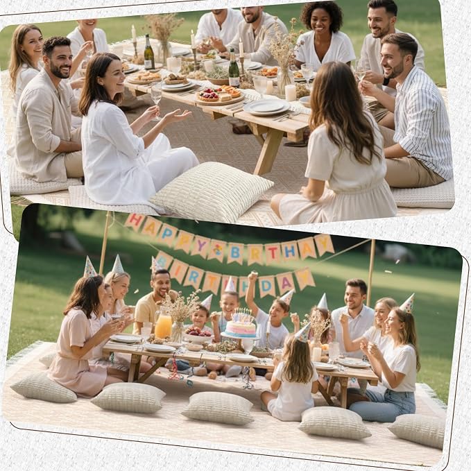 Beeveer Extra Large Outdoor Boho Picnic Blanket 150'' X 71'' Beige White Table Runner 6 Throw Pillow Cover Woven Cotton Yarn Oversize Beach Blanket Washable for Picnic Camp Wedding