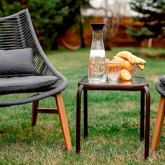 Bronze Metal Outdoor Side Table with Tempered Glass Top – Elegant Small 16" Square Patio Table – Durable Weather-Resistant Coffee Bistro Accent End Table for Outside and Garden