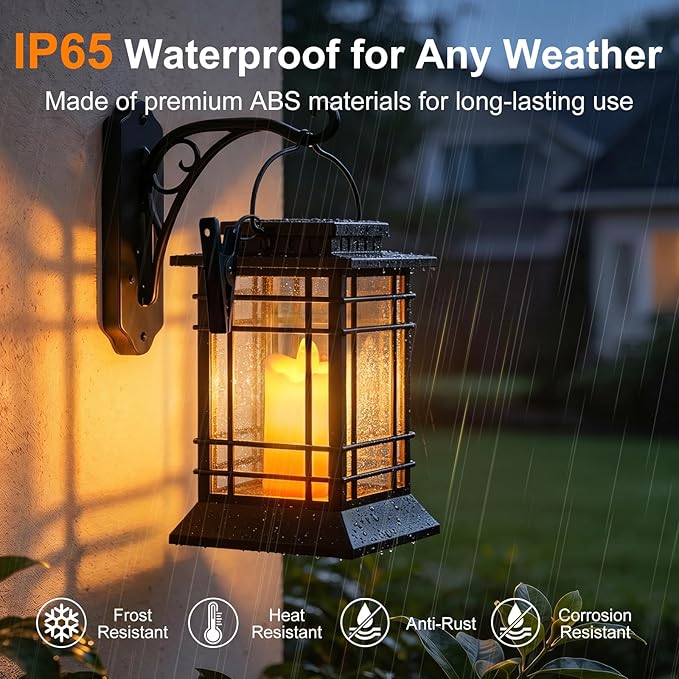 Brightever 4-Pack Solar Lanterns Outdoor Lights, Hanging Solar Lights for Outside, IP65 Waterproof LED Flickering Flameless Candle Mission Lights for Garden Yard Front Porch Path Tree Table Decor