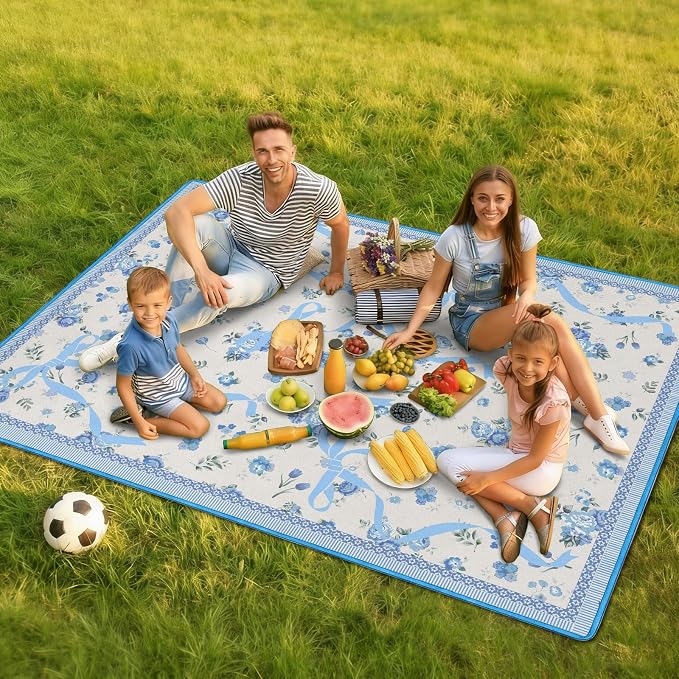Floral Picnic Blankets Waterproof Foldable, 60″X80″ Packable Picnic Mat Cute Bow Outdoor Blanket for Grass,Large Beach Blanket Sandproof Picnic Accessories for Camping Music Festival Party Park Travel