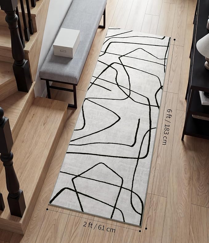2x6 Washable Modern Black White Kitchen Runner Rug | Ultra-Thin Low Pile, Non-Slip TPE Backing, Soft Stain Resistant, Machine Washable, for Bedroom Livingroom High Traffic