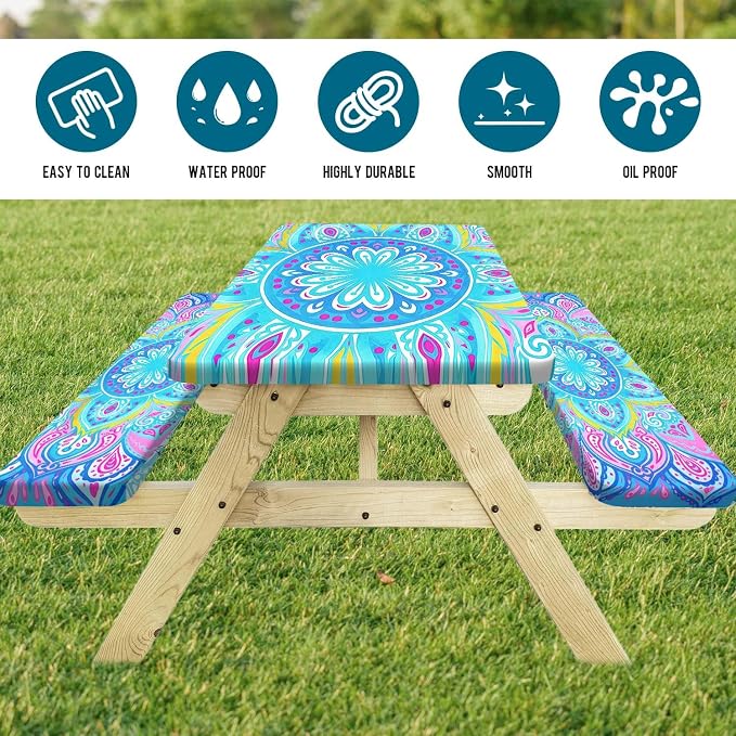 Picnic Table Covers with Bench Covers Boho Pattern Camping Tablecloth Fitted Picnic Table Cover with Elastic Windproof Waterproof Fabric, Outdoor Camping Accessories Gifts for Men Women, 60In 3PCS