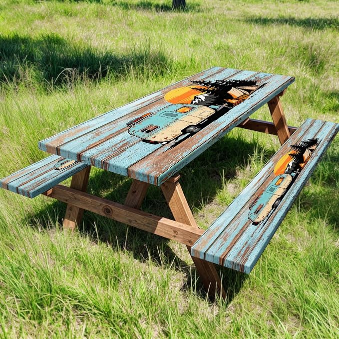Picnic Table Cover with Bench Covers, 30x72 inch Waterproof Outdoor Camping RV Essentials Fitted Picnic Rectangle Table Cloth, Teal Brown Wood Texture Fitted Picnic Tablecloth with Elastic