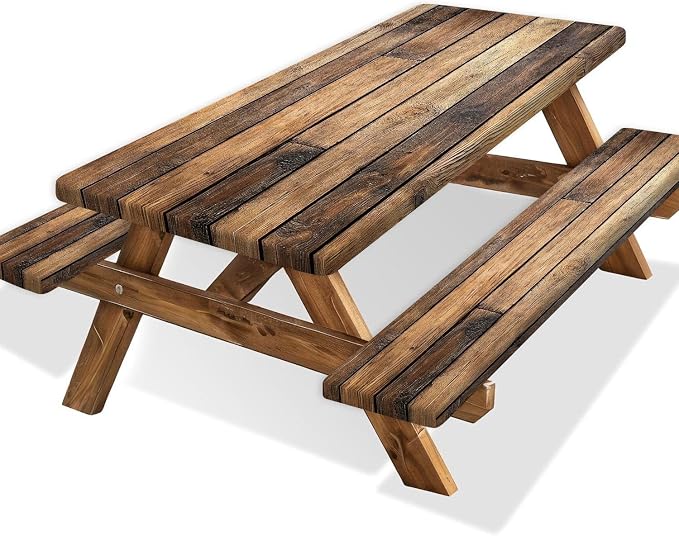 Wooden Picnic Table Cover with Bench Covers and Bag, Waterproof Windproof, Camping Fitted Tablecloth Cover with Elastic Edge, for Indoor & Outdoor, Garden, Camping, 3 Pieces Set, 30x72 Inch
