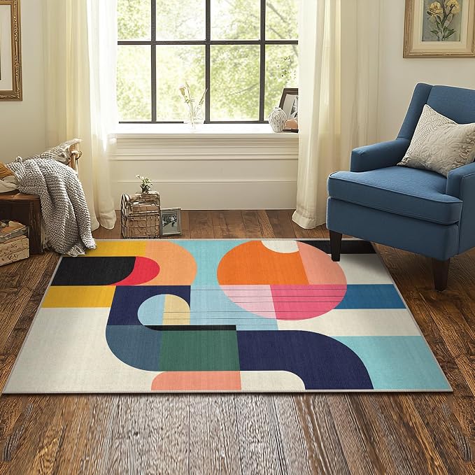 3x5 Area Rug Colorful Boho Geometric Modern Abstract Rug for Bathroom Entryway Machine Washable Non-Slip Throw Rug for Bedroom Bedside Kitchen