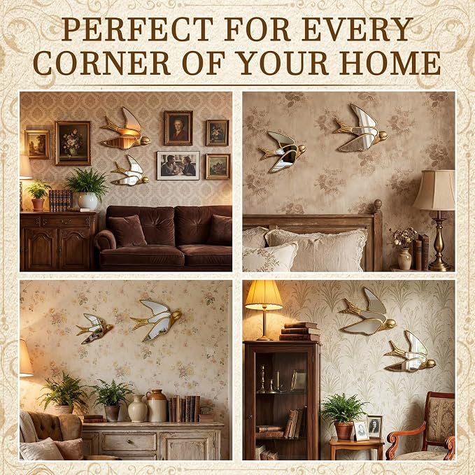 Sliner 2 Pcs Swallow Mirror Wall Decor, Gold Resin Aesthetic Bird Wall Art, Vintage Decorative Hanging Glass Mirrors for Victorian Home, Elegant Nature Inspired Summer Wedding Gift