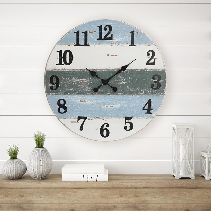 24" Large Beach Coastal Nautical Wall Clock, Wooden Wall Clocks Battery Operated,Vintage Farmhouse Decorative for Living Room, Kitchen, Home, Bedroom, Laundry Room, Blue