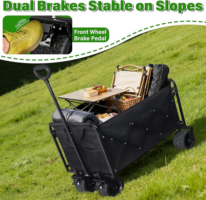 Folding Wagon Cart with All-Terrain Wheels – Heavy Duty Collapsible Utility Wagon for Grocery, Sports, Garden, Camping, Shopping (Black 600LBS)