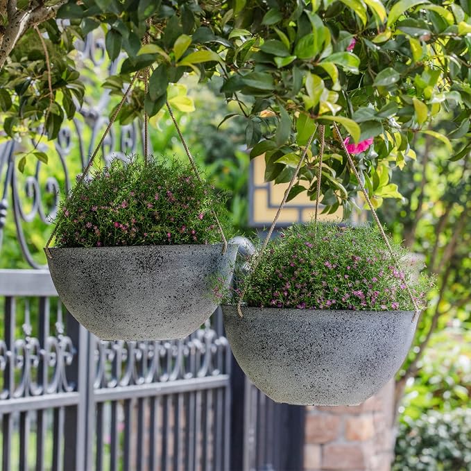 LA JOLIE MUSE Large Hanging Planters for Outdoor Plants - 13 Inch Hanging Flower Pots with Drainage Holes, Set of 2, Rock Grey
