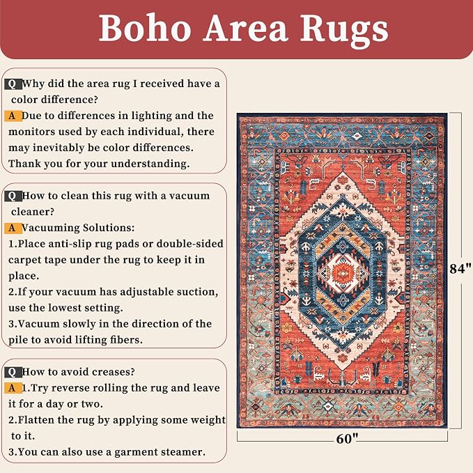 SERISSA 5x7 Washable Non Slip Boho Area Rug for Living Room，Rust | Ultra Soft Vintage Oriental Carpet Low-Pile Distressed Tribal Throw Carpet for Bedroom Dining Room Dorm Office Home Decor