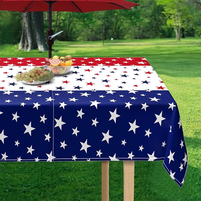 Outdoor Tablecloth with Umbrella Hole and Zipper, Rectangle Patio Table Covers for Spring/Summer, Machine Washable Outdoor Picnic Table Cloth (Star Stripes, 60" × 84" Rectangular)