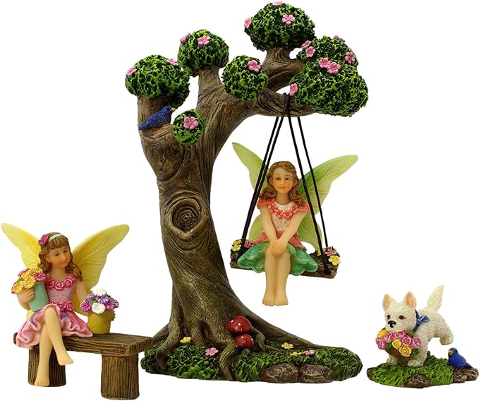 PRETMANNS Fairies for Fairy Garden Outdoor - Miniature Fairy Figurines Set with Tree Swing & Puppy - Indoor Outdoor Fairy Garden Accessories Kit - Starter Supplies for Fairy Village
