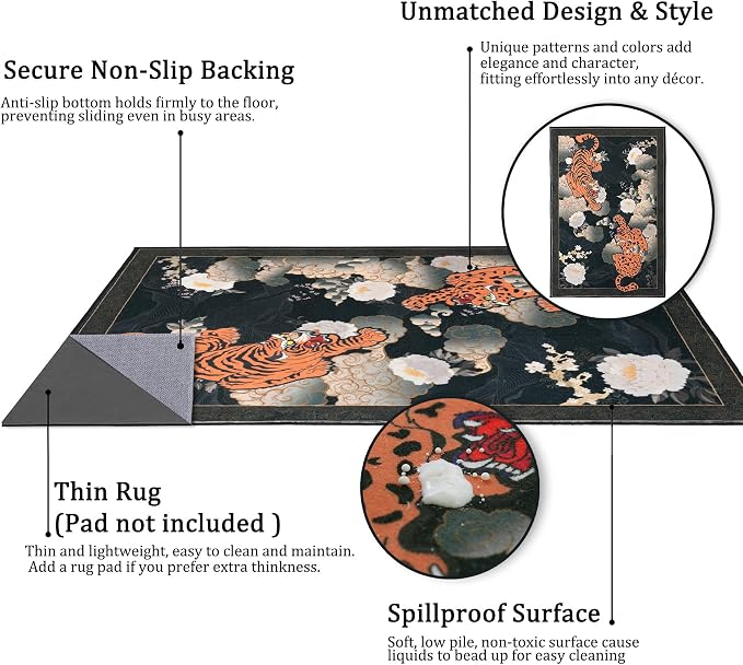 Tiger 8x10 ft Area Rug, Japanese Washable Rugs for Living Room, Large Soft Non Slip Ultra Thin Stain Resistant Floor Carpet for Home Office Bedroom, Black