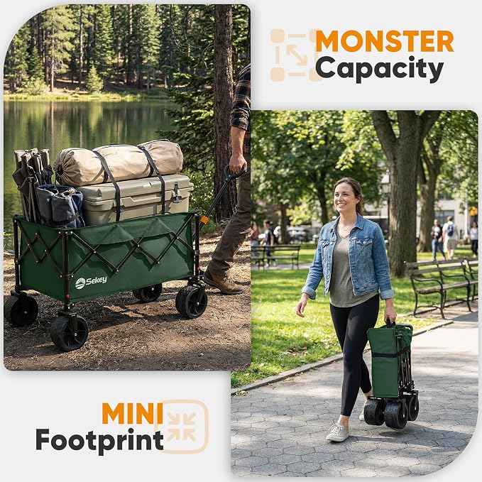 Sekey 250L Wagons Carts Foldable with Big All-Terrian Beach Wheels, Collapsible Heavy Duty Wagon, Extra Large Folding Wagon,Foldable Wagon for Camping, Garden, Sports. Dark Green