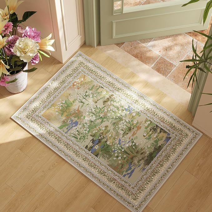 Rugcomf 2x3 Rug Impressionist-Style Vintage Indoor Door Mat Machine Washable Small Area Rug Non-Slip Low Pile Throw Rugs for Entryway Kitchen Front Door Indoor Entrance Entry Kids Room, Beige