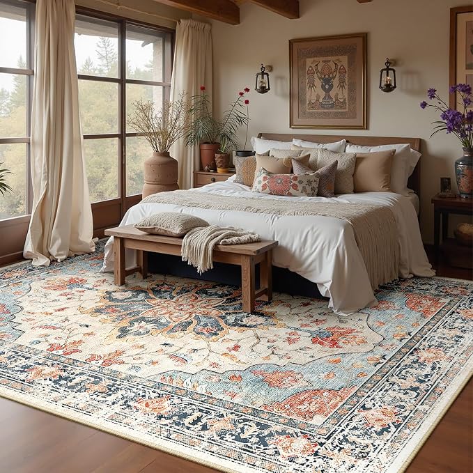 RELEANY Washable Area Rug, 7'x9', Beige/Blue/Orange | Non-Slip, Water Repellent, Pet Friendly, Easy to Clean, Vintage Floral Boho Decor for Living Room Bedroom Dining Room Office