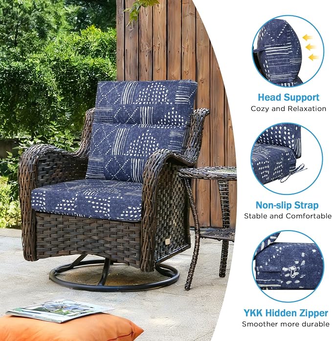 Outdoor Patio Chair Cushions 44x21x3.5 inch, Set of 2 Thicken Comfy Cushions for Rocker Non Slip Fade Shield Water Repellent High Back with Ties, Cobalt Grid