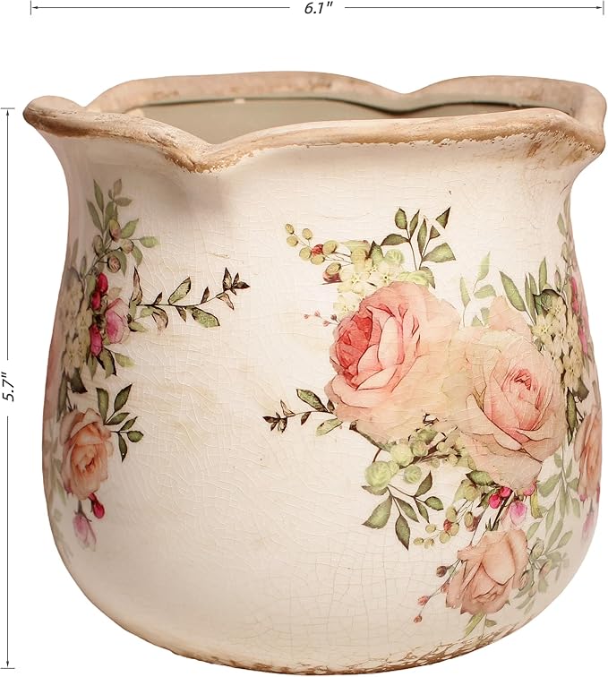 Xiaan Jiaju Ceramic Flower Vase, Rustic Farmhouse Vases & Planting Pots with Drainage, European Home Decor for Mantel Fireplace Bookshelf Wedding Centerpieces, Pink Rose Floral