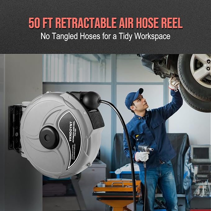 Retractable Air Hose Reel, 1/4 in x 50 FT Hybrid Polymer Hose, Air Compressor Hose Reel with 5 ft Lead in, Ceiling/Wall Mount Enclosed Air Reel, 180° Swivel Mount, Gray/Black