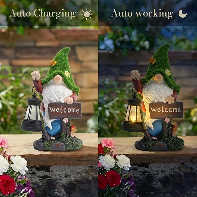 TERESA'S COLLECTIONS Garden Decor Outdoor, Garden Gnomes Holding Lantern, Gnomes Decor, Waterpoof Resin with Solar Lights, Garden Decor, Garden Gifts for Mom,Indoor/Outdoor,8.3"