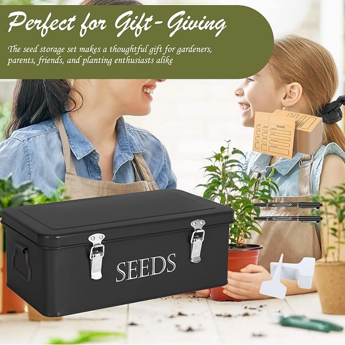 Ecopark Seed Storage Box, Professional All-in-one Kit with 2 Pens, 20 Plant Labels and 50 Seed Envelopes, Metal Storage Organizer, Saving Box, Seed Packet Container, Large, Black
